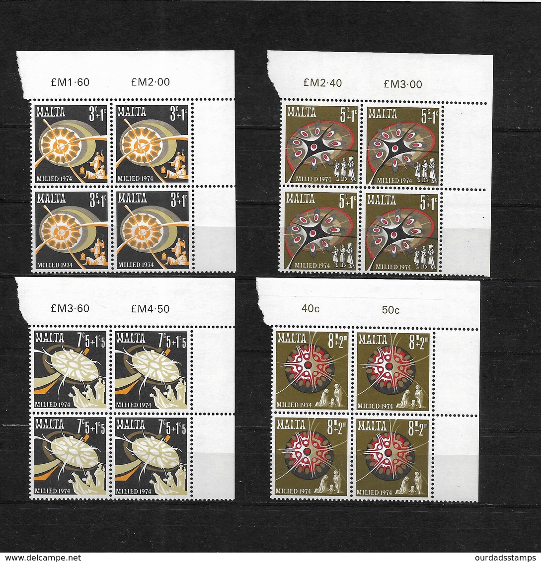 Malta 1974 Christmas, Complete Set In MNH Corner Marginal Blocks Of Four (7547) - Malta