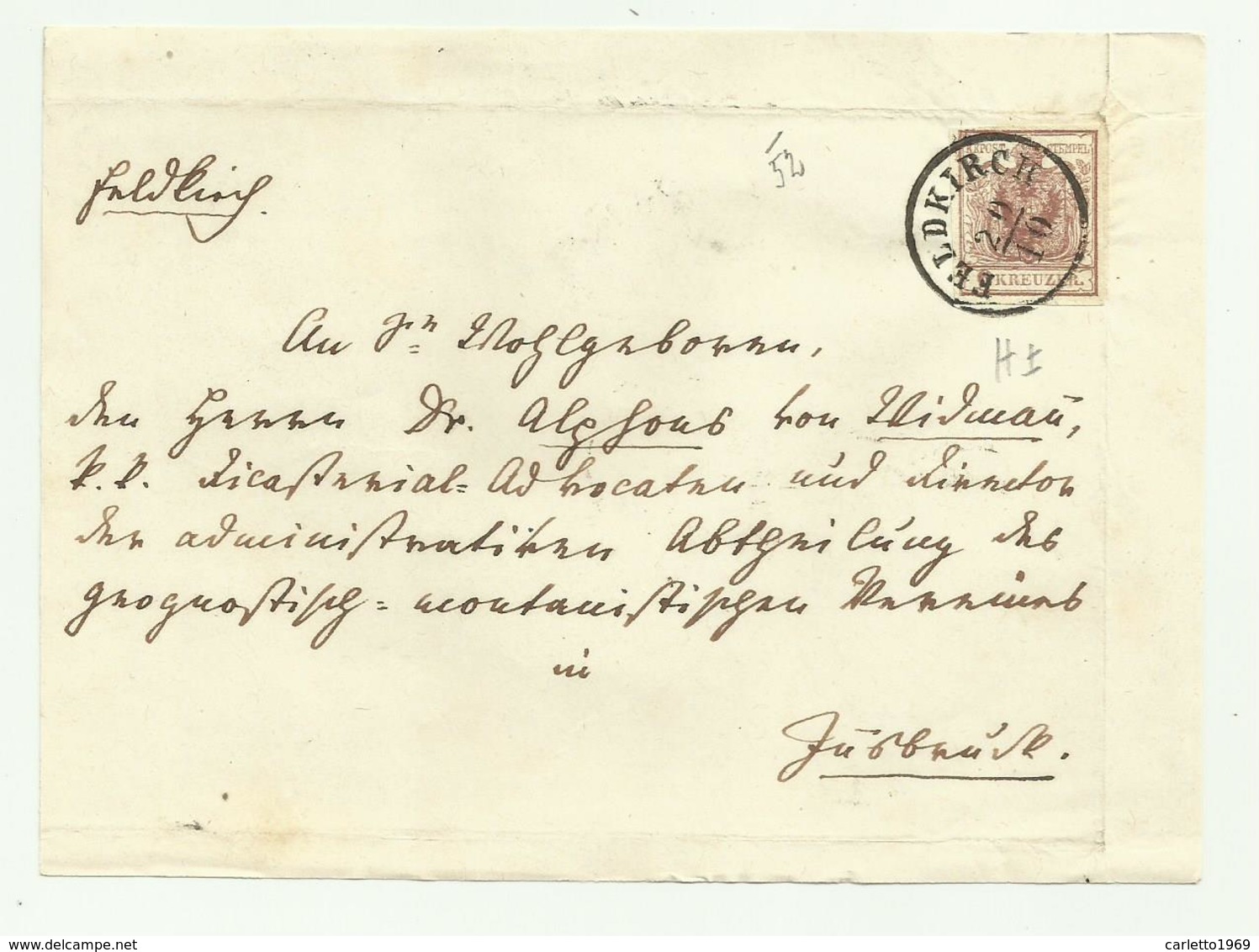 FRANCOBOLLO 6  KREUZER FELDKIRCH  1852   SU FRONTESPIZIO - Used Stamps