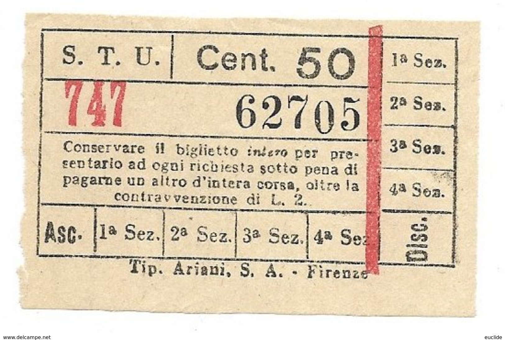 Biglietto Delle Tranvie Di Firenze. STU  Società Trasporti Urbani Centesimi 50 1940 Circa - Europe