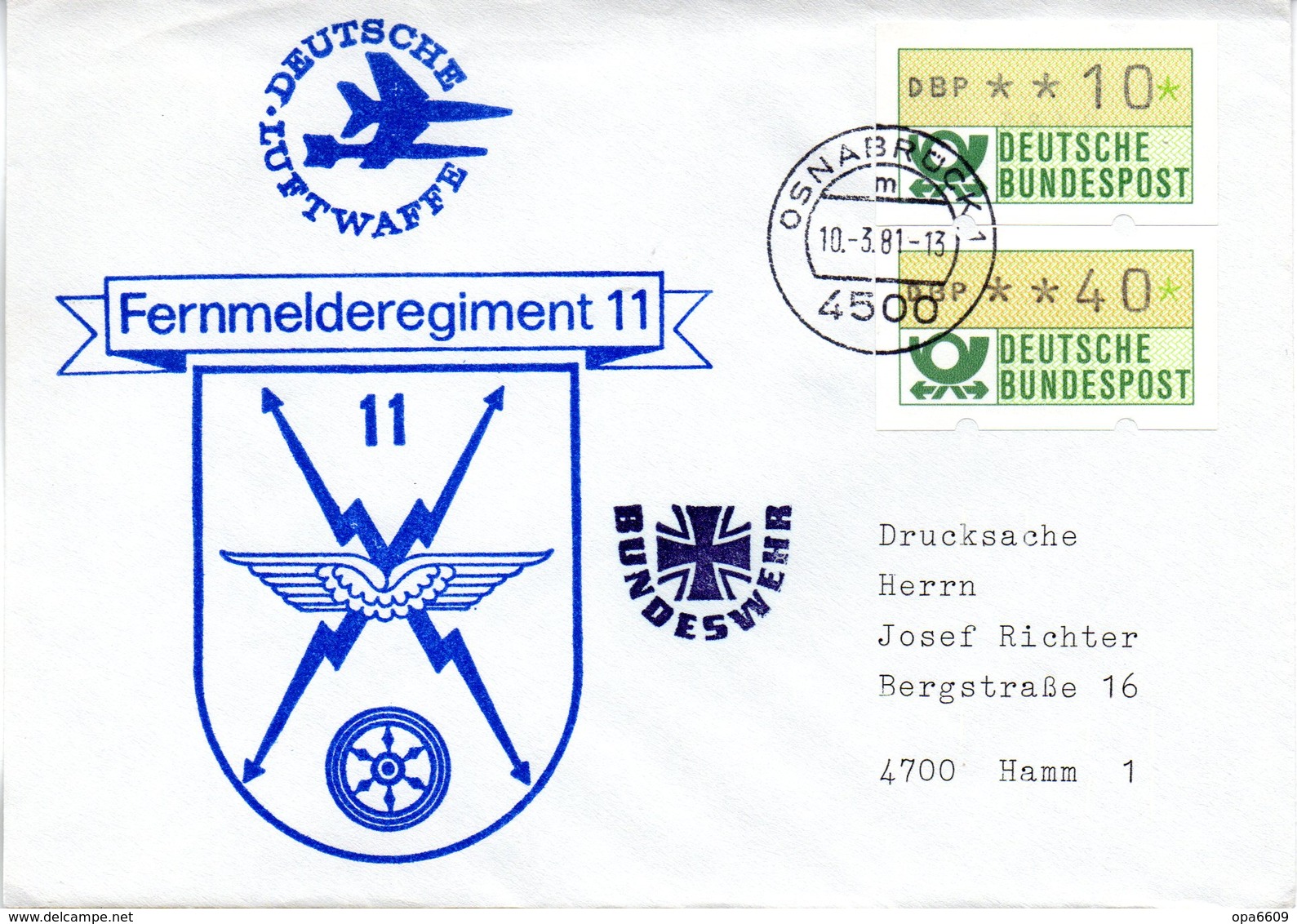 (BWL) BRD Cachetumschlag Bundeswehr "Fernmelderegiment 11" TSt 10.3.1981 OSNABRÜCK 1 - Briefe U. Dokumente