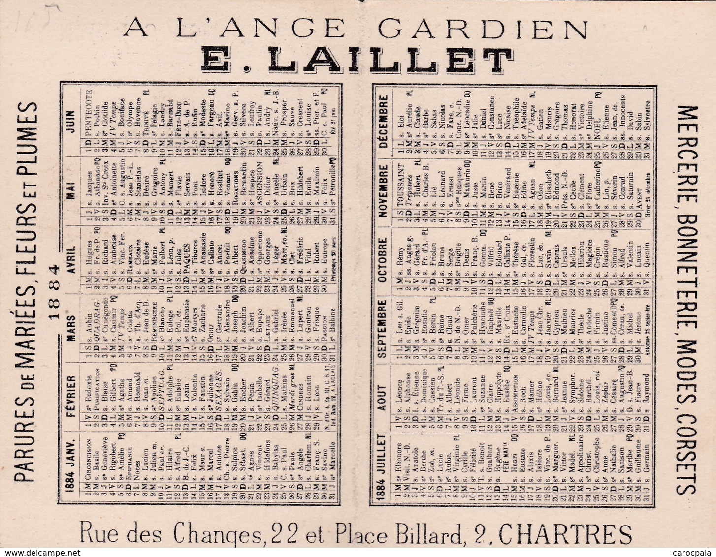 Calendrier 1884 Magasin "à L'ange Gardien"Laillet Mercerie à Chartres (coq , Poule,ange) - Petit Format : ...-1900