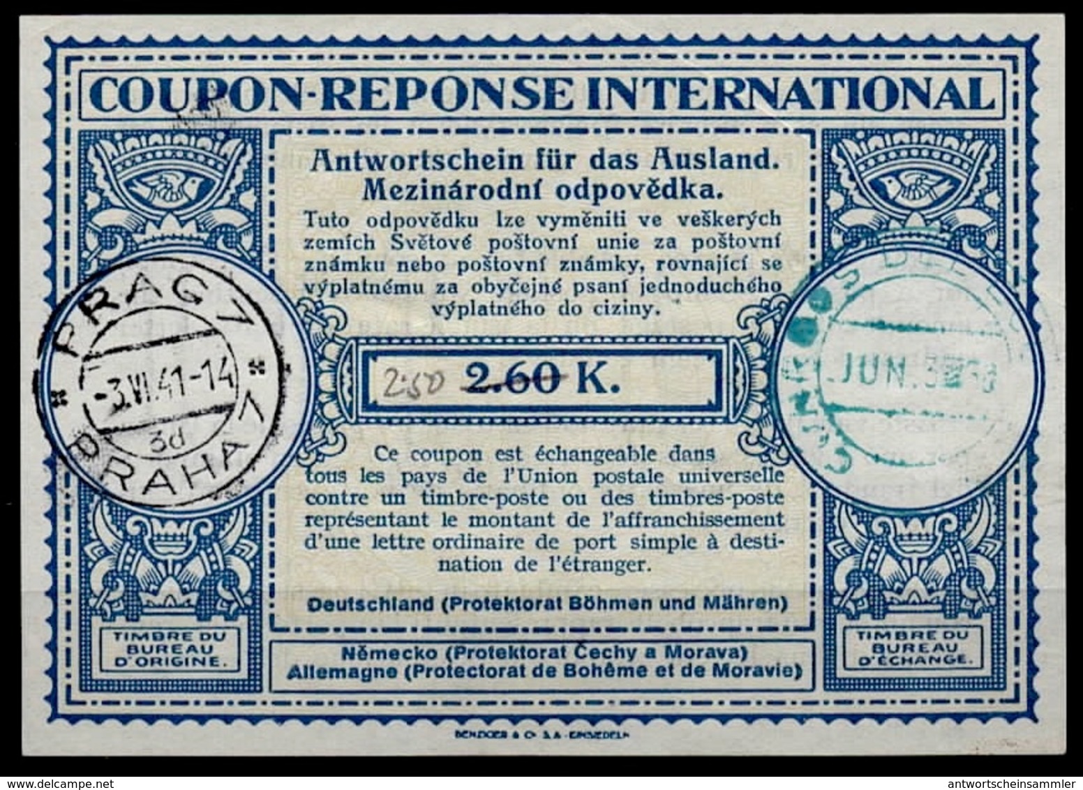 BÖHMEN & MÄHREN London Type XIII  Ms. 2.50 / 2.60 K. International Reply Coupon Reponse Antwortschein IRC IAS O PRAG 3.6 - Besetzungen 1938-45