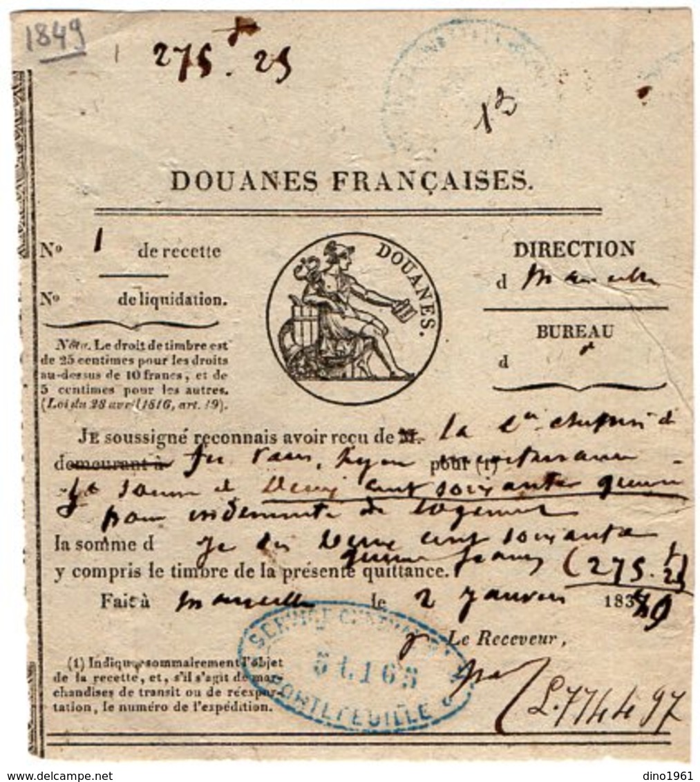 VP14.532 - MARSEILLE 1849 - Douanes Françaises - Collections