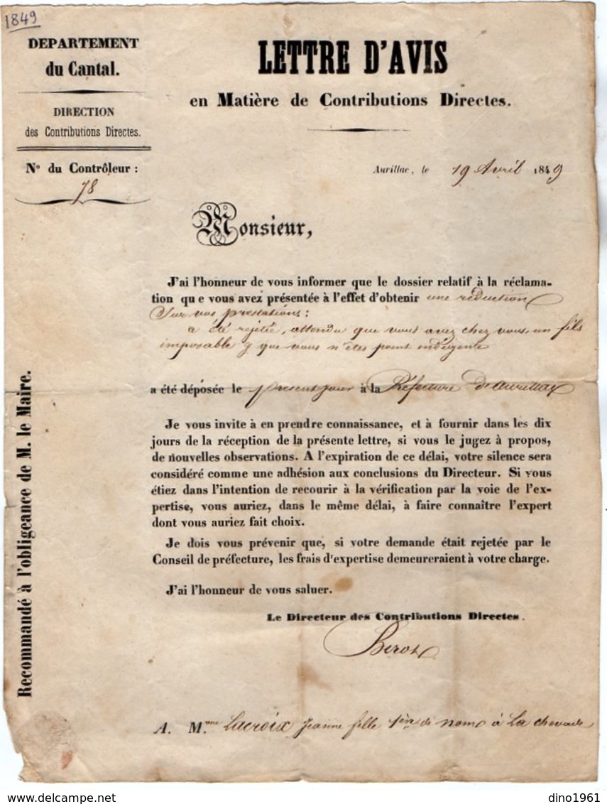 VP14.533 - AURILLAC 1849 - Lettre D'Avis En Matière De Contributions Directes - Collections