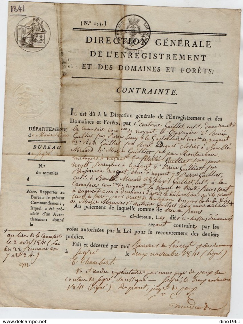 VP14.534 - SEGRE 1841 - Direction Générale De L' Enregistrement Et Des Domaines Et Fôrets - Collections