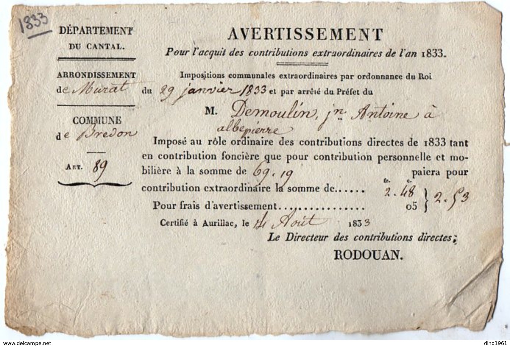 VP14.535 - AURILLAC  X BREDON 1833 - Avertissement ..... - Collections