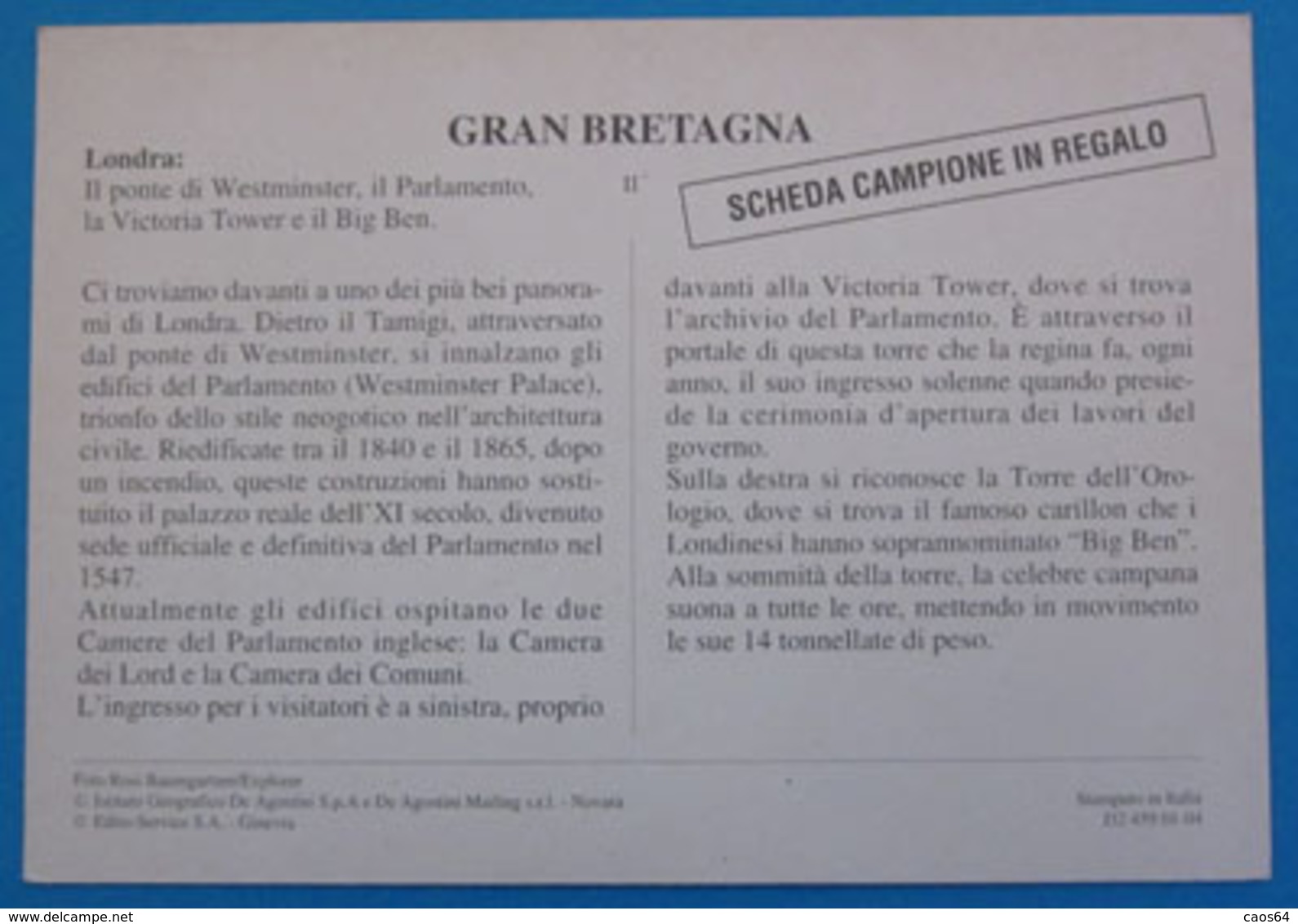 GRAN BRETAGNA DE AGOSTINI CARD GEOGRAFIA - Geografia