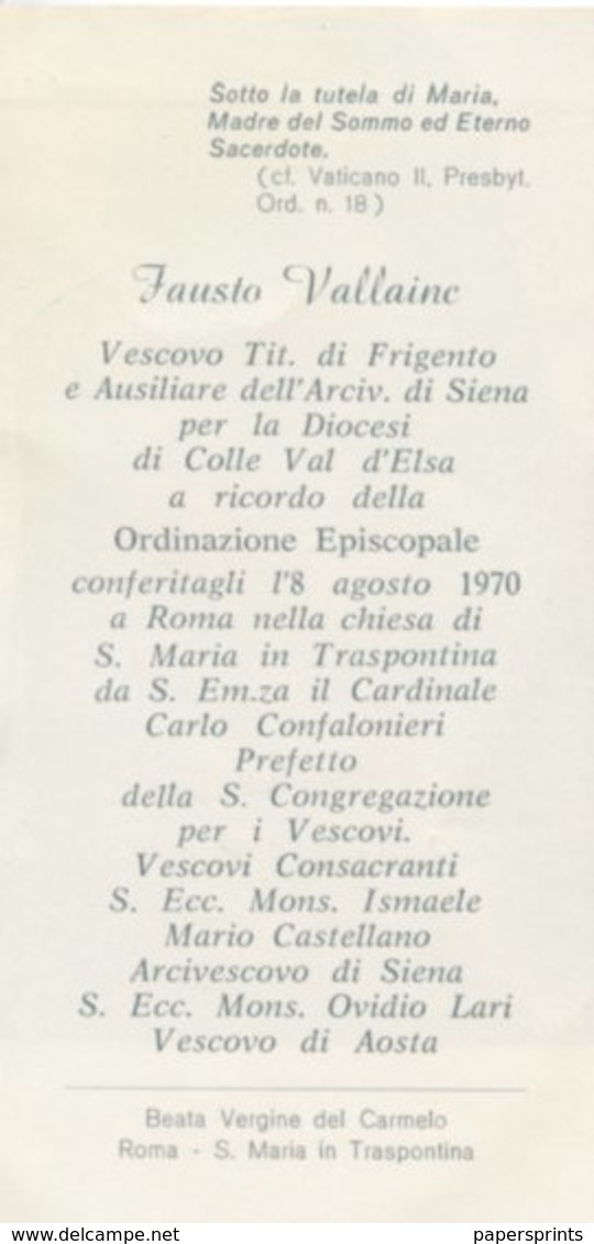 Roma - Santino RICORDO MONS. FAUSTO VALLAINE Ordinazione Episcopale 1970, S. Maria In Traspontina - OTTIMO P90 - Religion & Esotericism