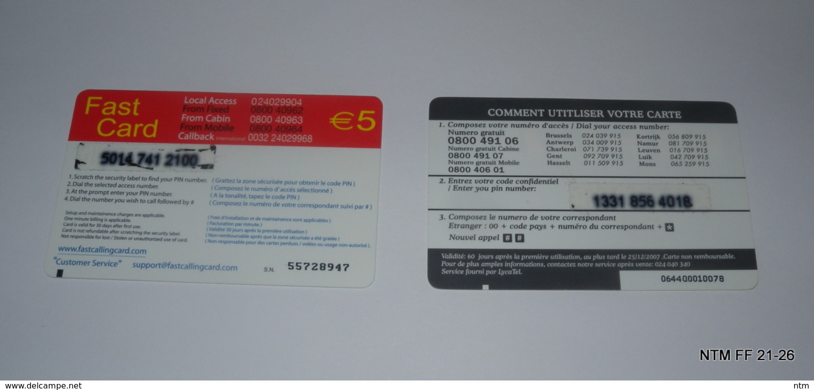 BELGIUM Pre Paid Calling Cards, MEGA Tel - LycaTel - Year 2007 (€5) Used, & Fast Card (€5) Used - [2] Prepaid & Refill Cards