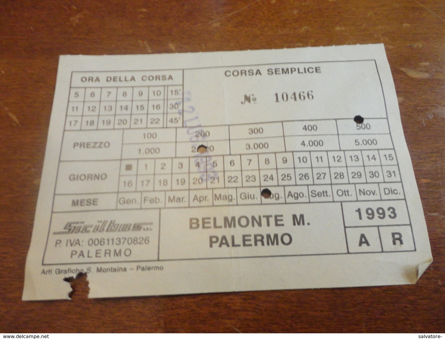 BIGLIETTO SICILBUS - BELMONTE M. PALERMO  GIORNALIERO-1993 CORSA SEMPLICE - Europe