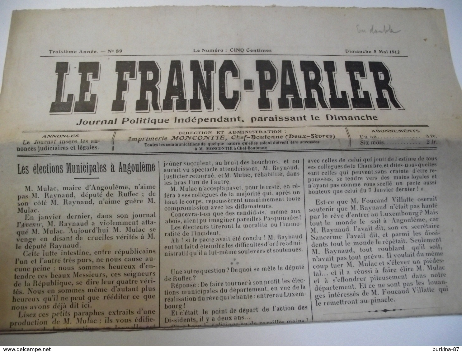 LE FRANC PARLER, Journal , 1912, Charente, Deux Sevres,  Chef Boutonne - Autres & Non Classés