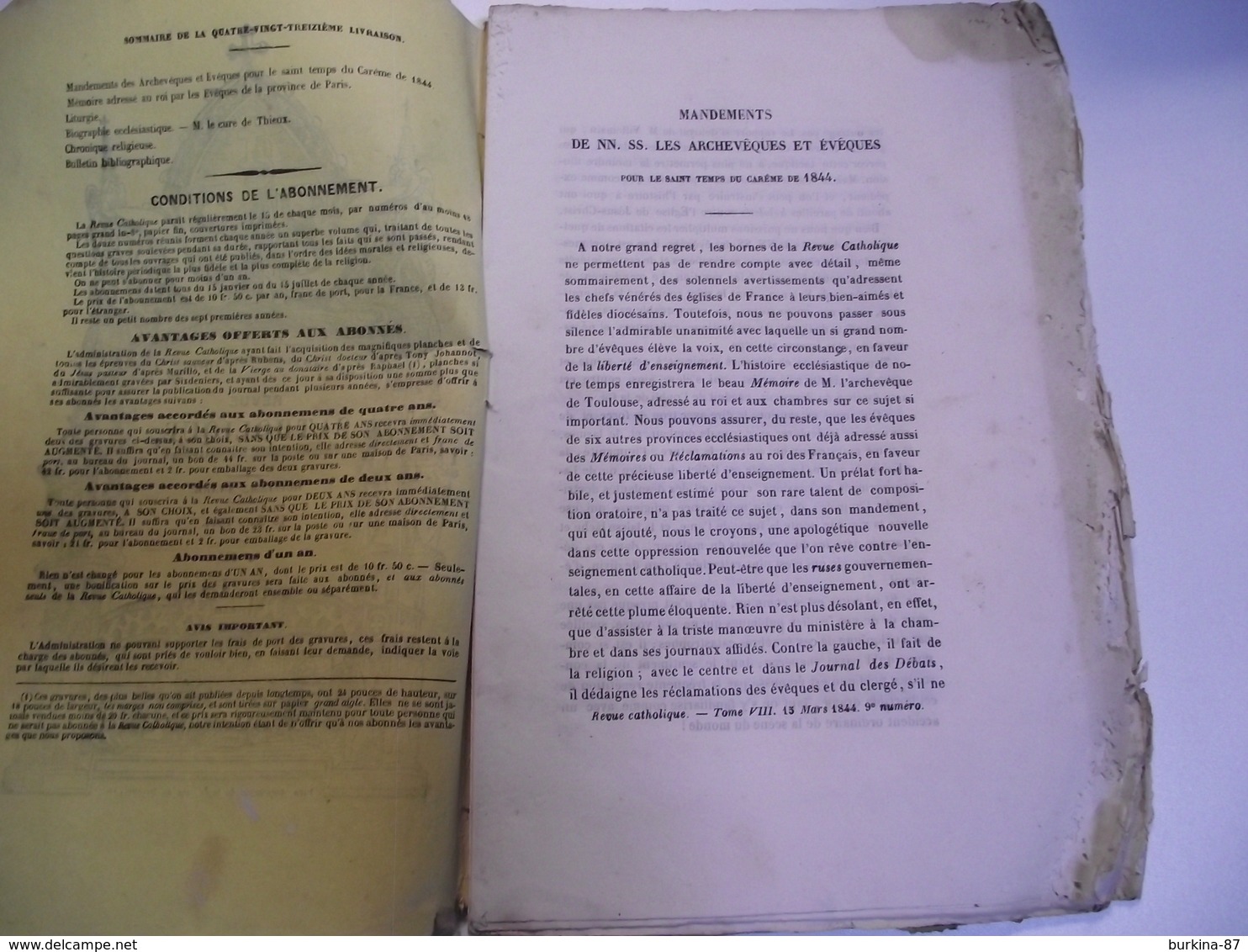 REVUE CATHOLIQUE , 1844, Mensuel , 40 Pages - Religion & Esotericism