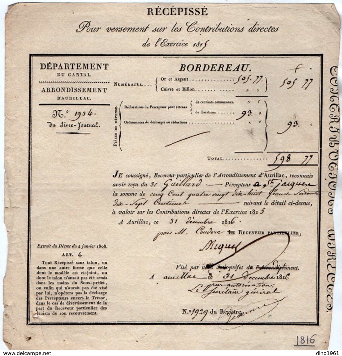 VP14.541 - AURILLAC 1816 - Récipissé Pour Versement Sur Les Contributions Directs .... - Collections