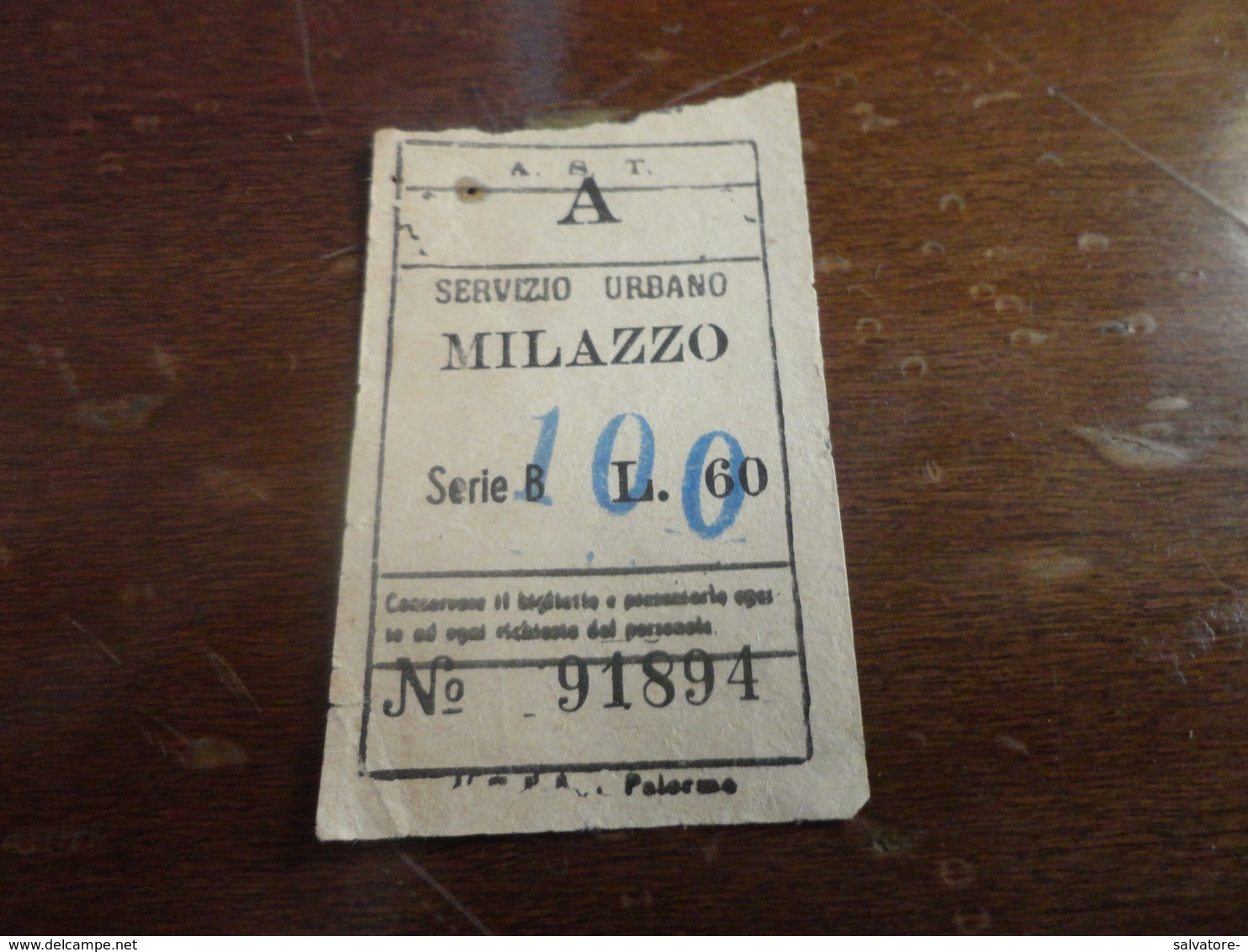 BIGLIETTO SERVIZIO URBANO MILAZZO-LIRE 60 SOPRASTAMPATO LIRE 100 - Europe