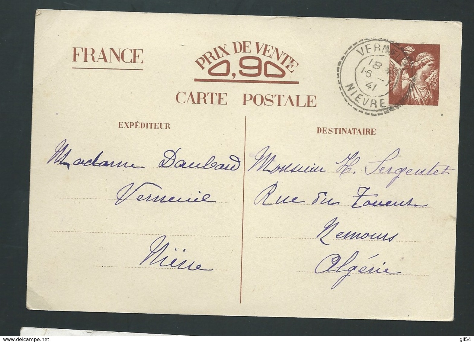 ENTIER CP1 - Prix De Vente 0,90  Obli. Bureau De Distribution  Verneuil / Nievre En Janv 1941 Pour L'algérie    Lx3211 - Guerre De 1939-45
