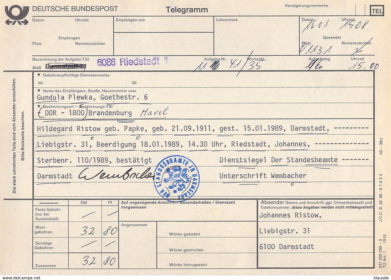 Telegramm Deutsche Bundespost 6086 Riedstadt-DDR 1800 Brandenburg (Havel) 1989 - Other & Unclassified