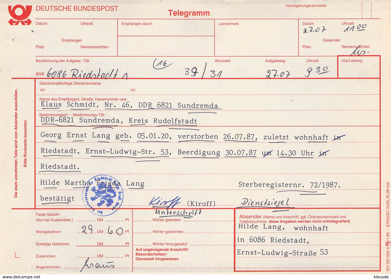 Telegramm Deutsche Bundespost 6086 Riedstadt-DDR 6821 Sundrema Kr.Rudolstadt 1987 - Other & Unclassified