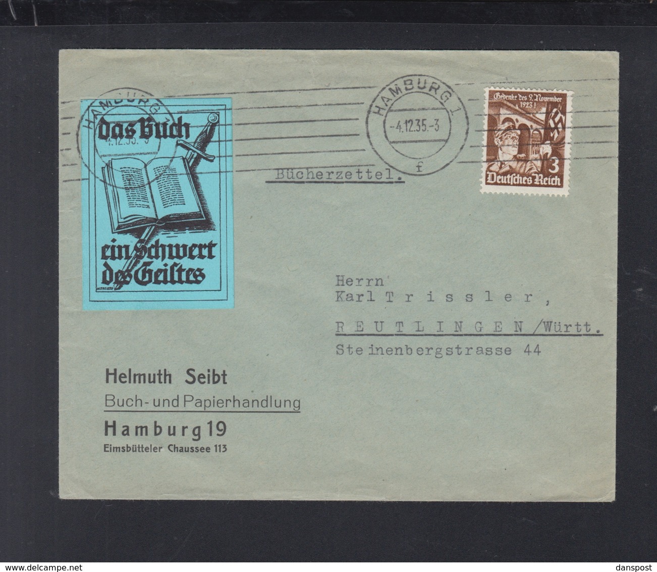 Dt. Reich Brief 1935 Hamburg Vignette Das Buch Ein Schwert Des Geistes - Lettres & Documents