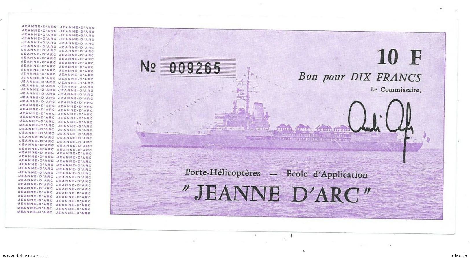 DT 63 - BILLET DE BORD PH JEANNE D'ARC - MARINE NATIONALE (NEUF- Année 1980 1981 - Autres & Non Classés