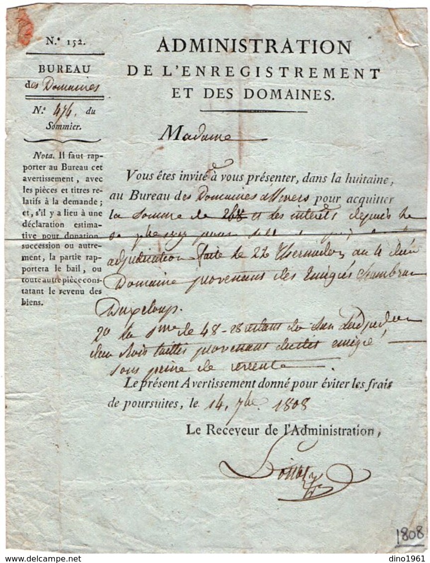 VP14.548 - 1808 - Lettre De L'Administration De L'Enregistrement Et Des Domaines ..... - Verzamelingen