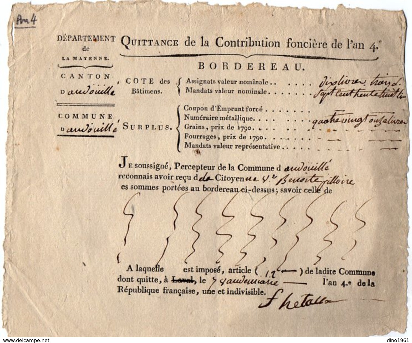 VP14.553 -  ANDOUILLE  An 4 - Contribution Foncière - Quittance - Collections