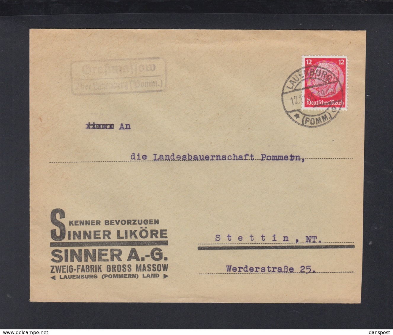 Dt. Reich Polen Poland Brief Sinner Liköre Gross Massow Lauenburg - Briefe U. Dokumente