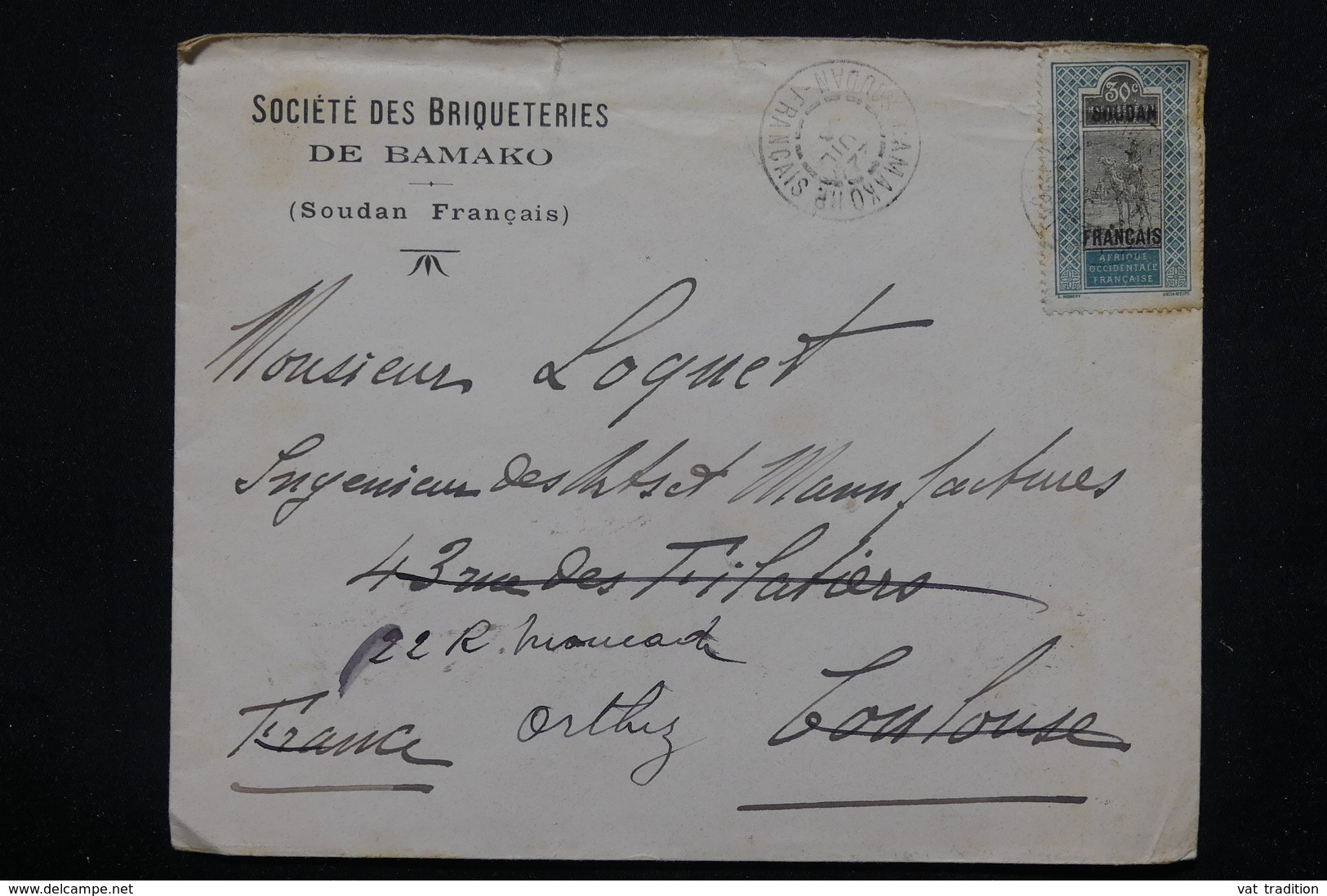 SOUDAN - Enveloppe Commerciale De Bamako Pour Toulouse En 1926 , Affranchissement Plaisant - L 22815 - Cartas & Documentos