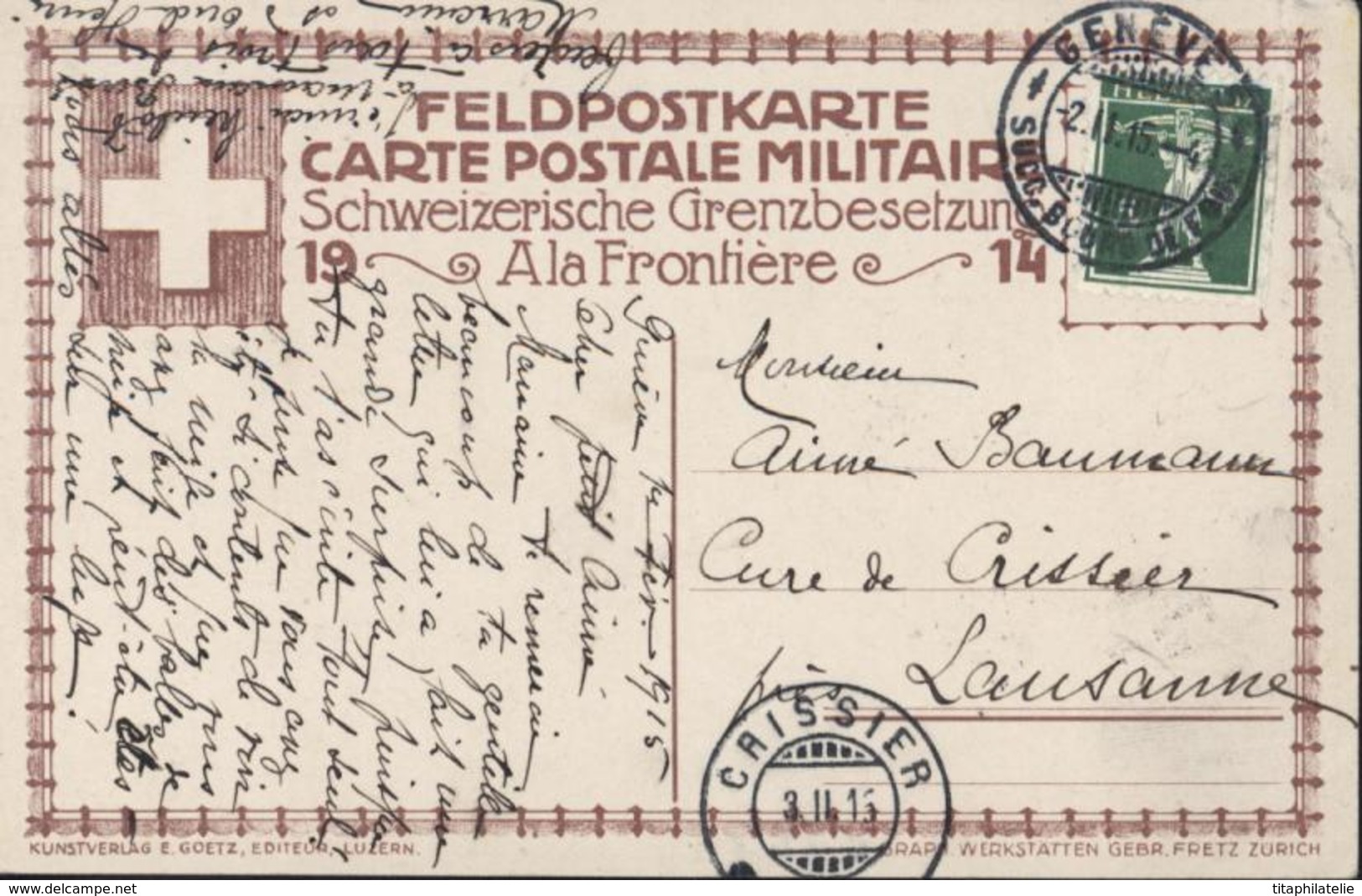 CP Moos Militaire 19 A La Frontière 14 YT 136 CAD Genève Succ Bourg De Four 2 11 15 Arrivée Crissier 3 11 15 - Briefe U. Dokumente