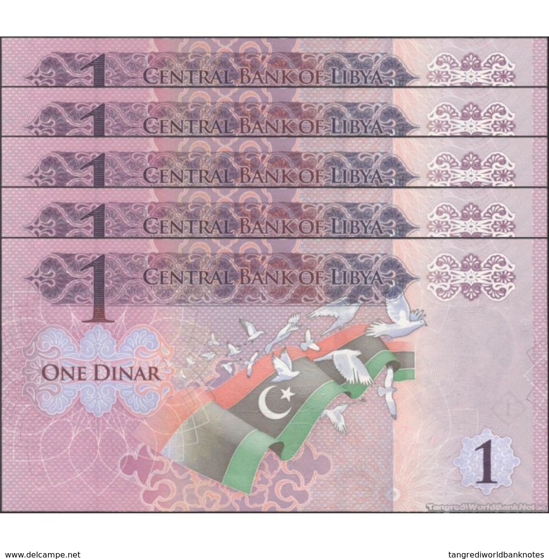 TWN - LIBYA 76 - 1 Dinar 2013 DEALERS LOT X 5 - Series 1 - Various Prefixes UNC - Libya