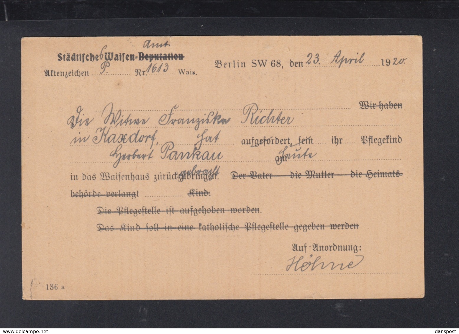 Dt. Reich PK 1920 Städtisches Weißen-Amt Berlin Lochung Perfin - Briefe U. Dokumente