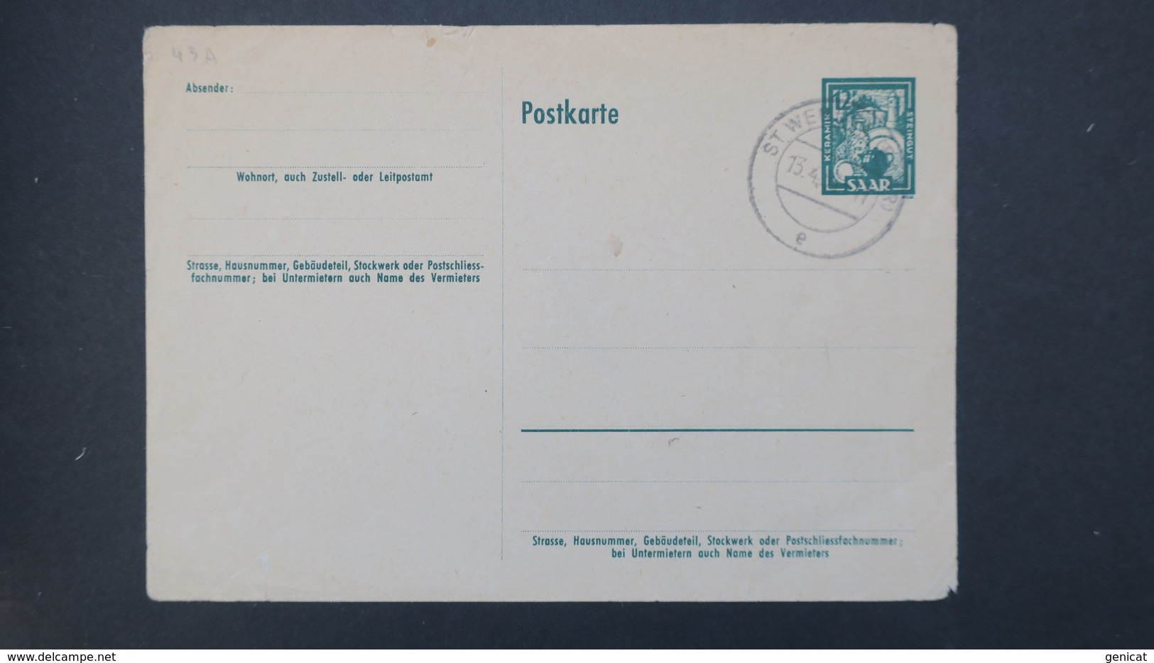 Sarre Entier Postal CP 43A ( Tirage Local)  Obliteration  St Wendel 1953 , Local Postal Stationery - Entiers Postaux