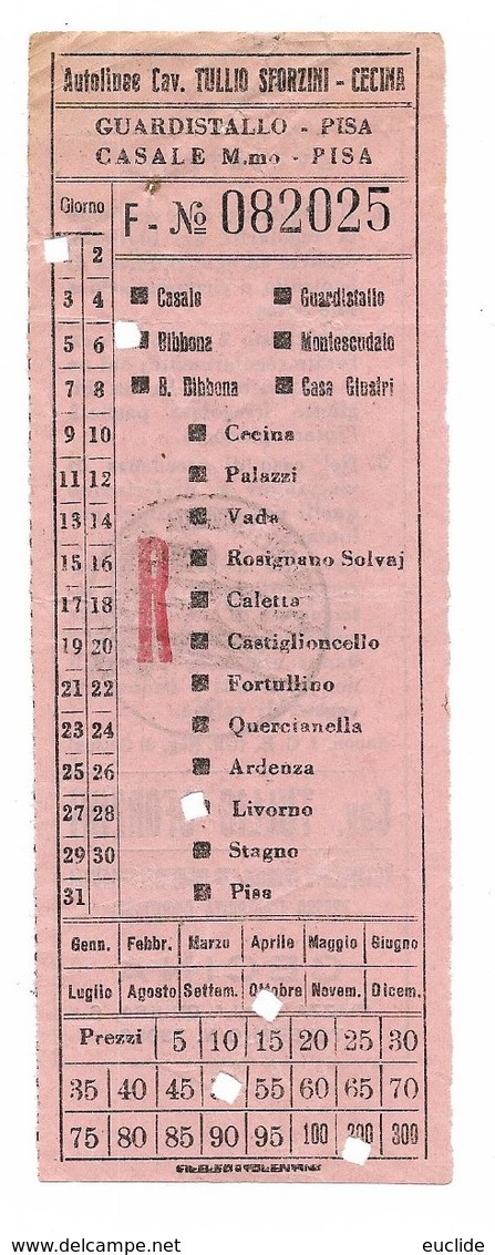 2 Biglietti Autobus Autolinee Sforzini Cecina. Andata E Ritorno. Guardastallo O Casale M.-  Pisa. Anni 60 - Europe