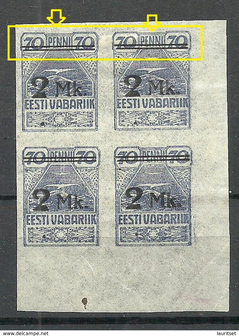 Estland Estonia 1920 Michel 20 In 4-block + OPT ERROR Abart MNH/MH (3 Stamps Are MNH/**, 1 Is MH/*) Sheet Corner - Estland