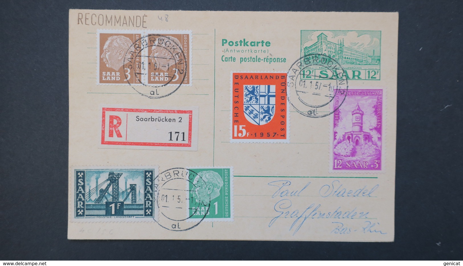 Sarre Entier Postal CP 48 Recommandé Avec Réponse Payée 31 Decembre 1956 , Postal Stationery With Reply Used - Entiers Postaux