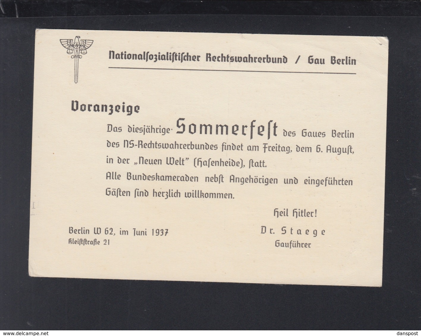 Dt. Reich PK NS Reichswahrerbund Gau Berlin Sommerfest 1937 - Storia Postale