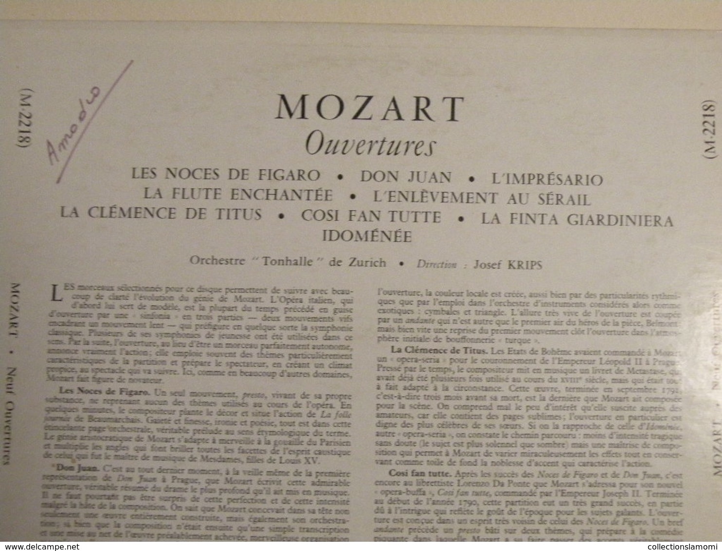 Mozart, Ouvertures Josef Krips - (Titres Sur Photos) - Vinyle 33 T LP - Classical