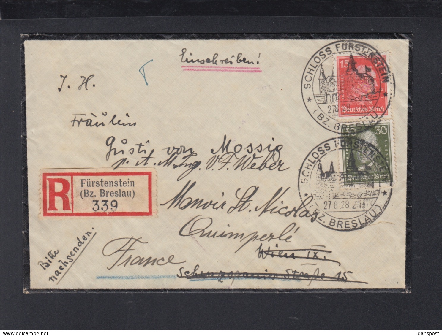 Dt. Reich R-Brief 1928 Schloss Fürstenstein Bz. Breslau Pole Poland Nach Wien Weiter Frankreich - Storia Postale