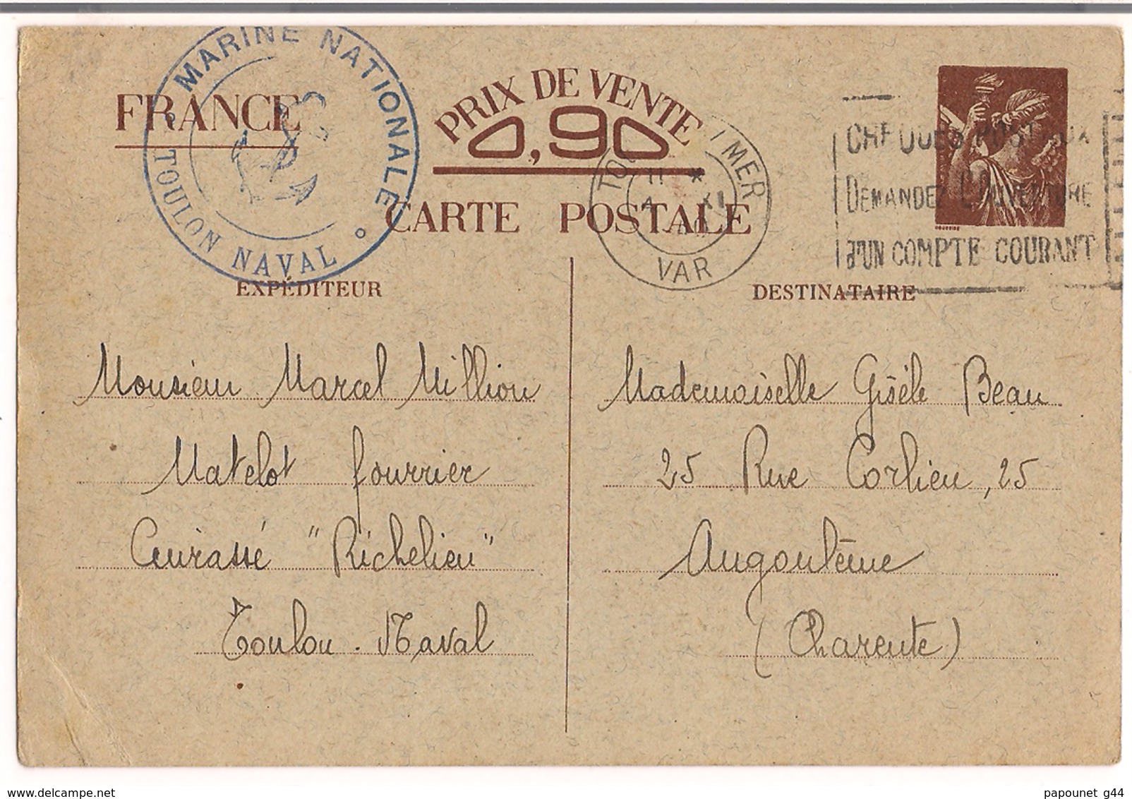 Entier Postal Type Iris 1940 Cachet ( Marine Natinnal Toulon Naval ) Destination Angoulème - Standaardpostkaarten En TSC (Voor 1995)