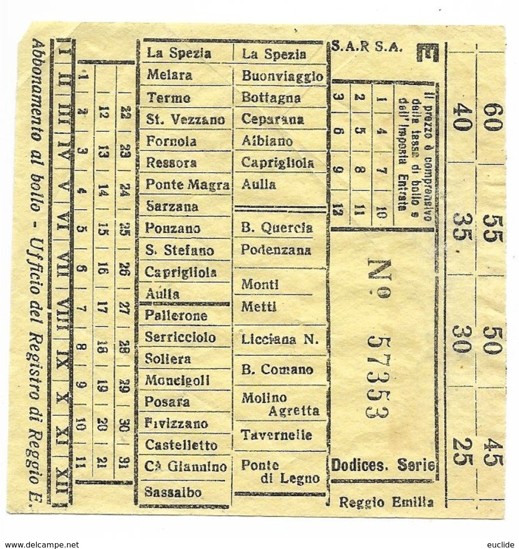 Biglietto Autobus SARSA Reggio Emilia Linee La Spezia Aulla Sassalbo Ponte Di Legno Anni 50 - Europe