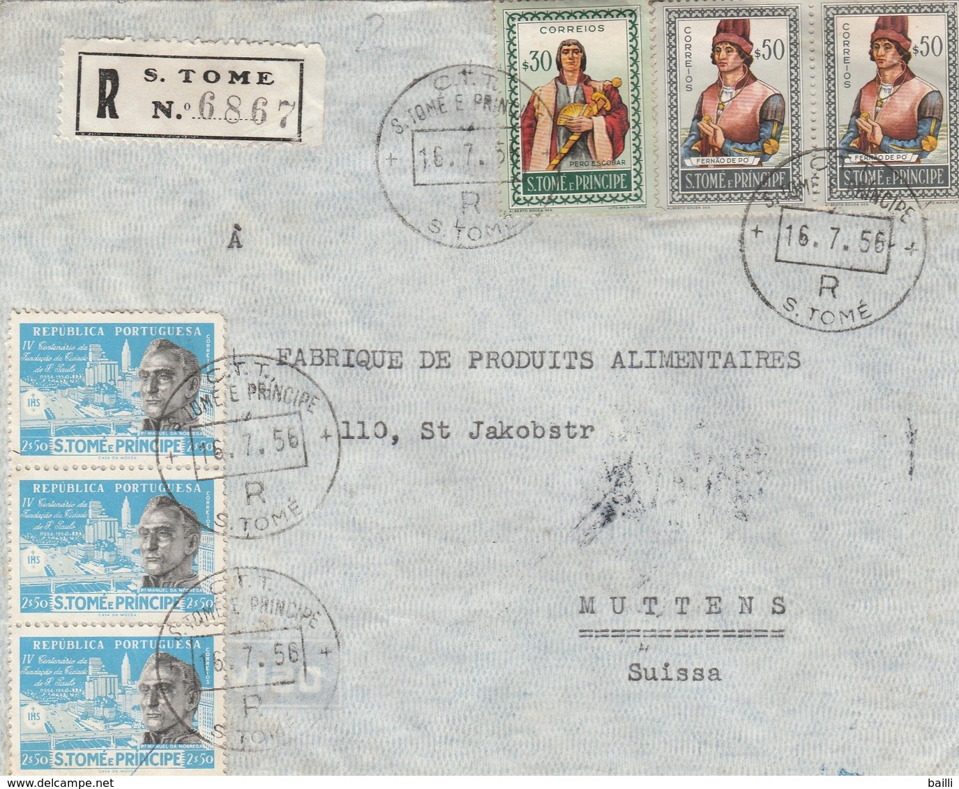 St Tomé Lettre Recommandée Pour La Suisse 1956 - St. Thomas & Prince