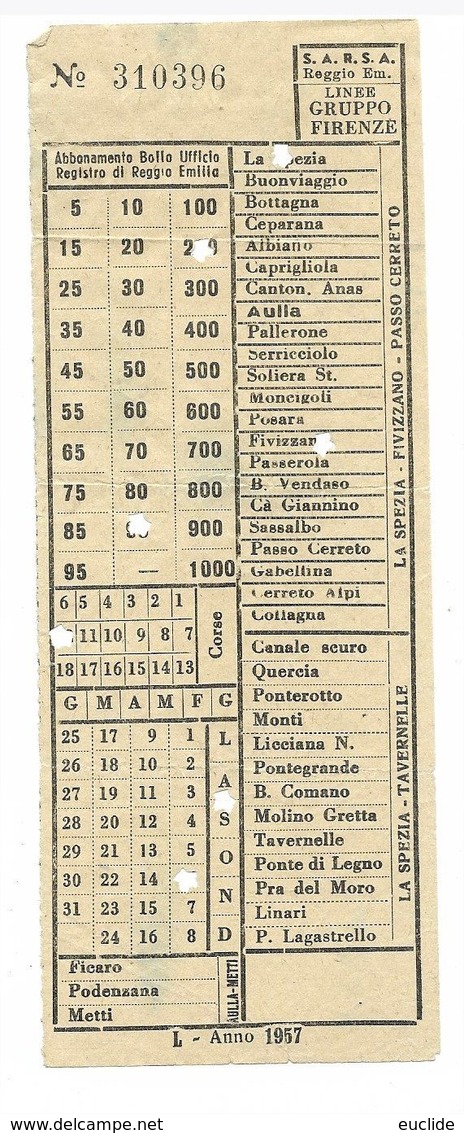 Biglietto Autobus SARSA Reggio Emilia Linee  La Spezia Tavernelle E La Spezia Passo Del Cerreto 1957 - Europa