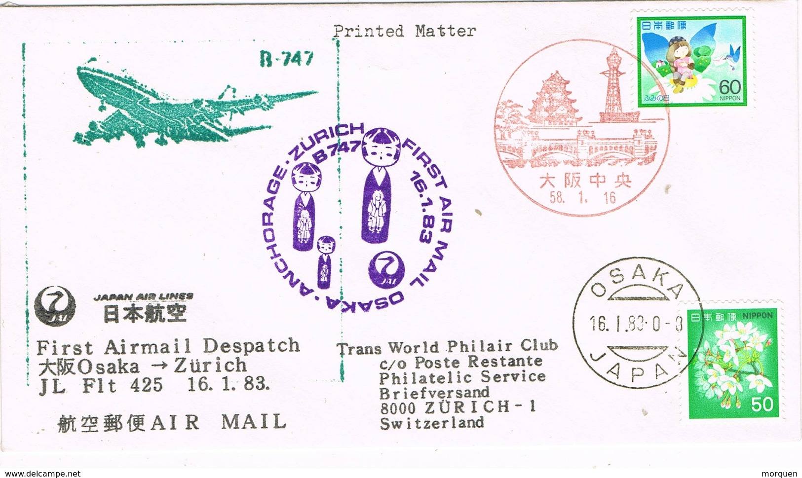 31874. Carta Aerea First Fligth OSAKA (Japon) 1983. Vuelo Anchorange-Osaka-Zurich - Airmail