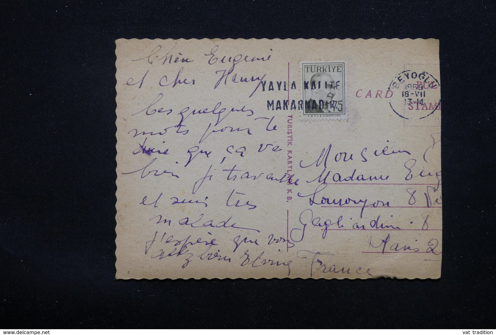 TURQUIE - Griffe Sur Affranchissement Turc Sur Carte Postale En 1959 Pour Paris - L 22852 - Lettres & Documents