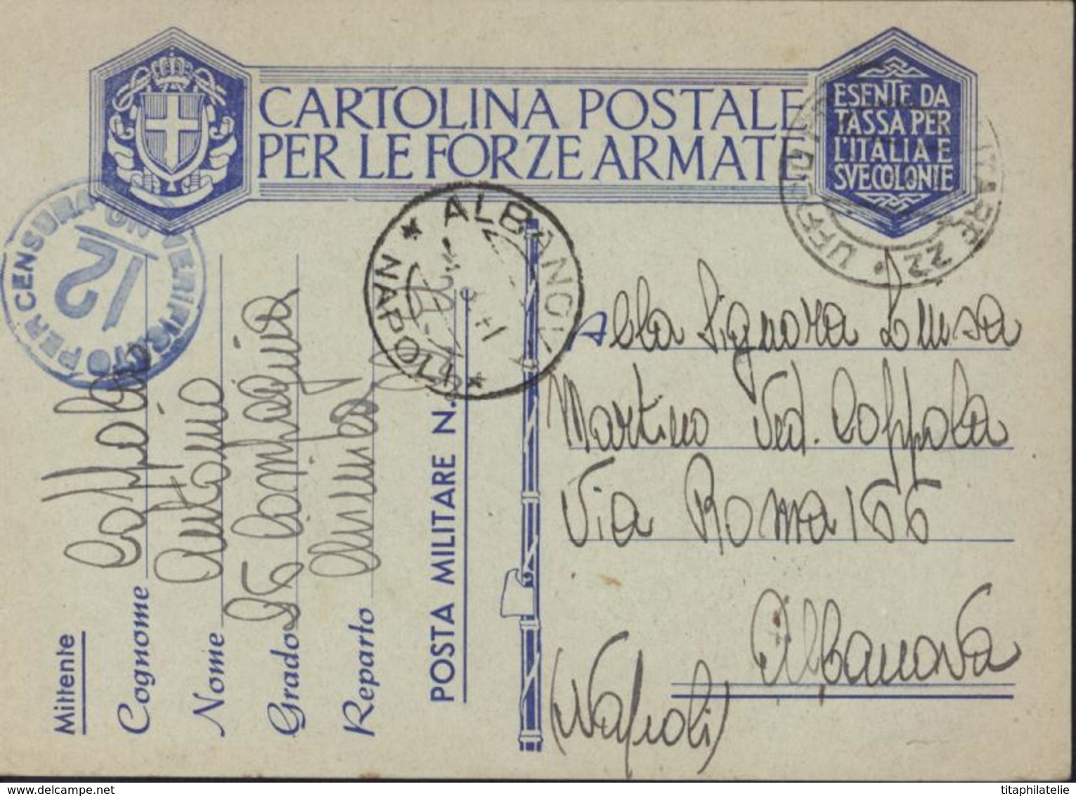 CP Forze Armate CAD Ufficio Postale Militare 22  1941 30 VII + Verificato Per Censura 12 Commandement Supérieure Albanie - Albanien