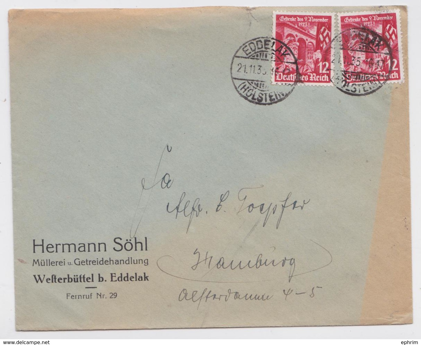 BRIEF EDDELAK HOLSTEIN HERMANN SÖHL MÜLLEREI U. GETREIDEHANDLUNG WESTERBÜTTEL HAMBURG 21.11.1935 STEMPEL DEUTSCHES REICH - Lettres & Documents