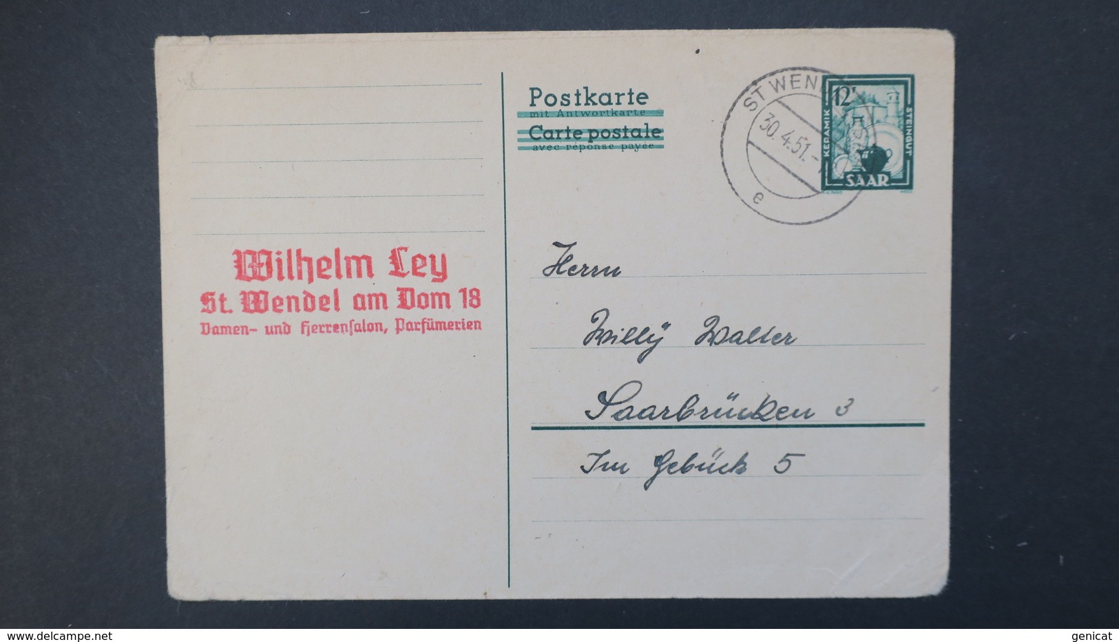 Sarre Entier Postal CP 41 De St Wendel Pour Saarbrucken  1951  , Postal Stationery Used From St Wendel 1951 - Entiers Postaux