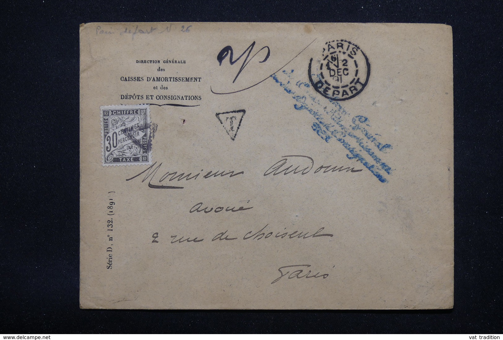 FRANCE - Taxe De Paris Sur Enveloppe De La Direction Générale Des Caisse D' Amortissement En 1891 - L 22860 - 1859-1959 Lettres & Documents