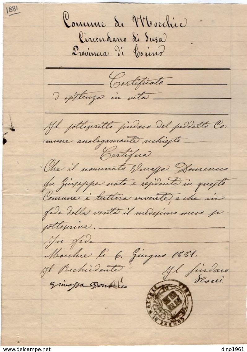 VP14.559 - ITALIA - Comune Di MOCCHIE 1881 - Certificato Di Vita - Collections
