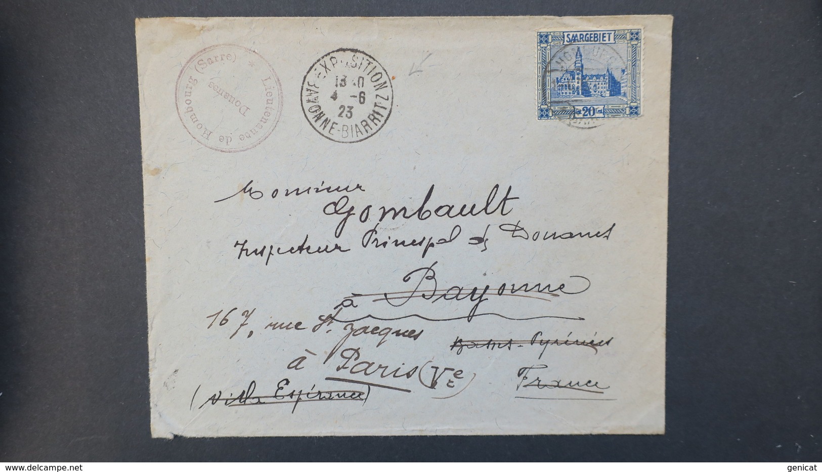 Sarre Lettre De Homburg Pour Bayonne Cachet Expo Bayonne Biarritz Juin 1923  , Cover 1923 To France - Lettres & Documents