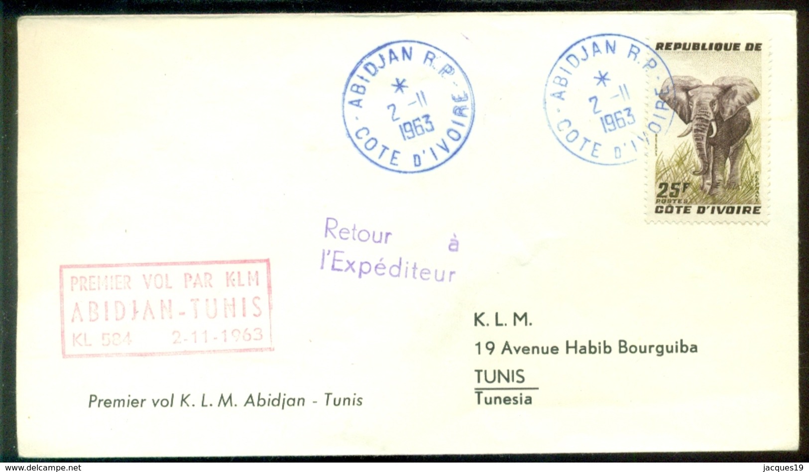 Ivoorkust 1963 Premier Vol KLM Abidjan - Tunis VH A 637a - Côte D'Ivoire (1960-...)